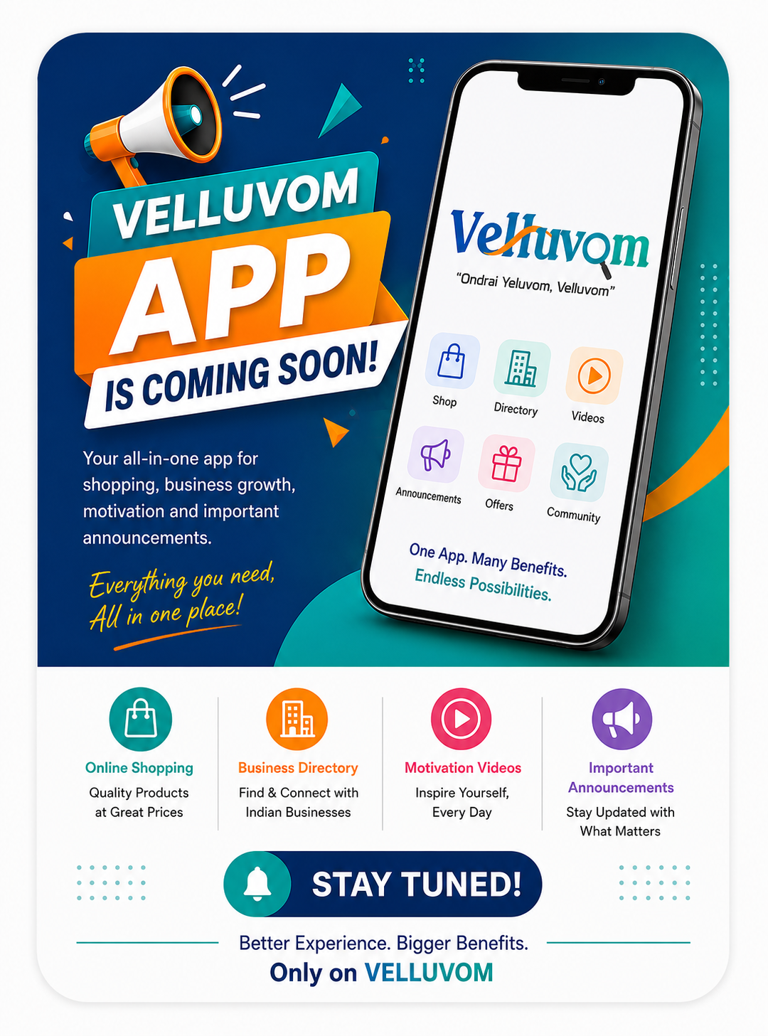 Velluvom App is coming soon — shopping, business directory, motivation videos and announcements, all in one app